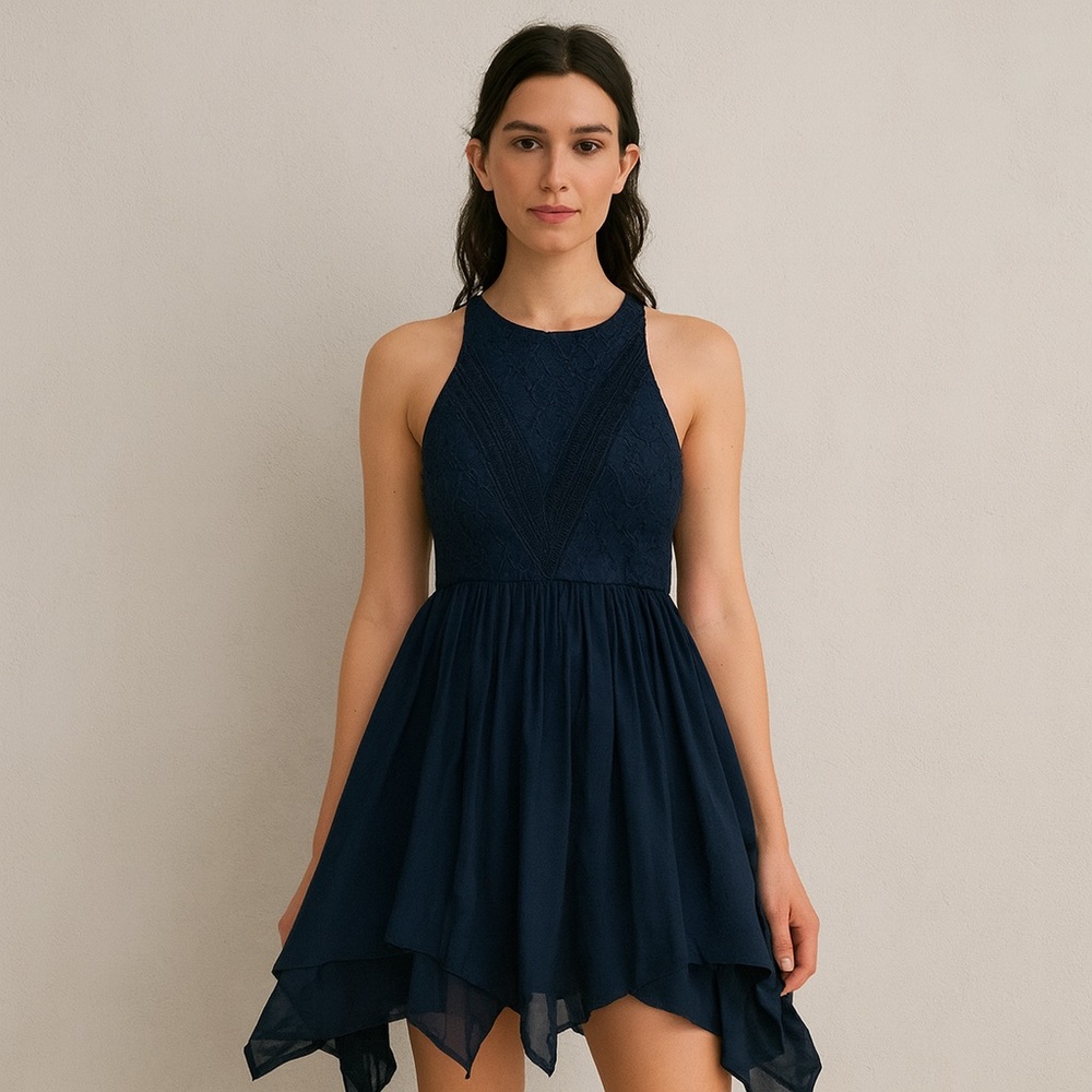 👗 Abercrombie & Fitch Navy Blue Lace Chiffon Dress | Women’s S